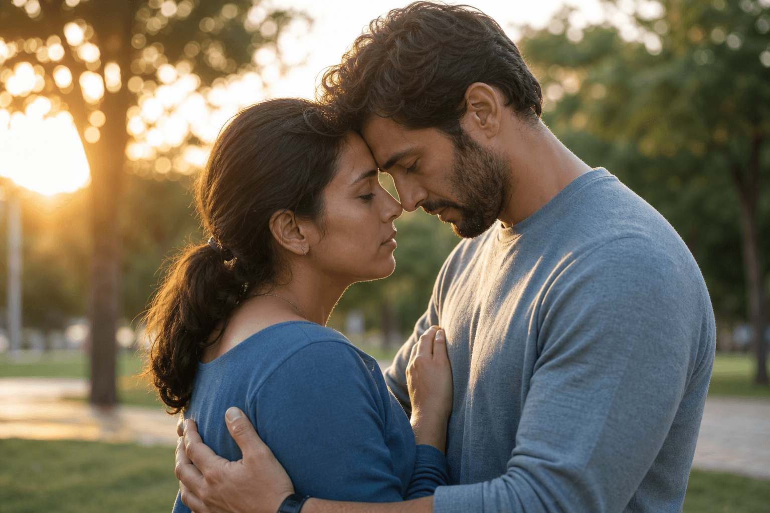 Couple sharing a supportive, empathetic moment outdoors