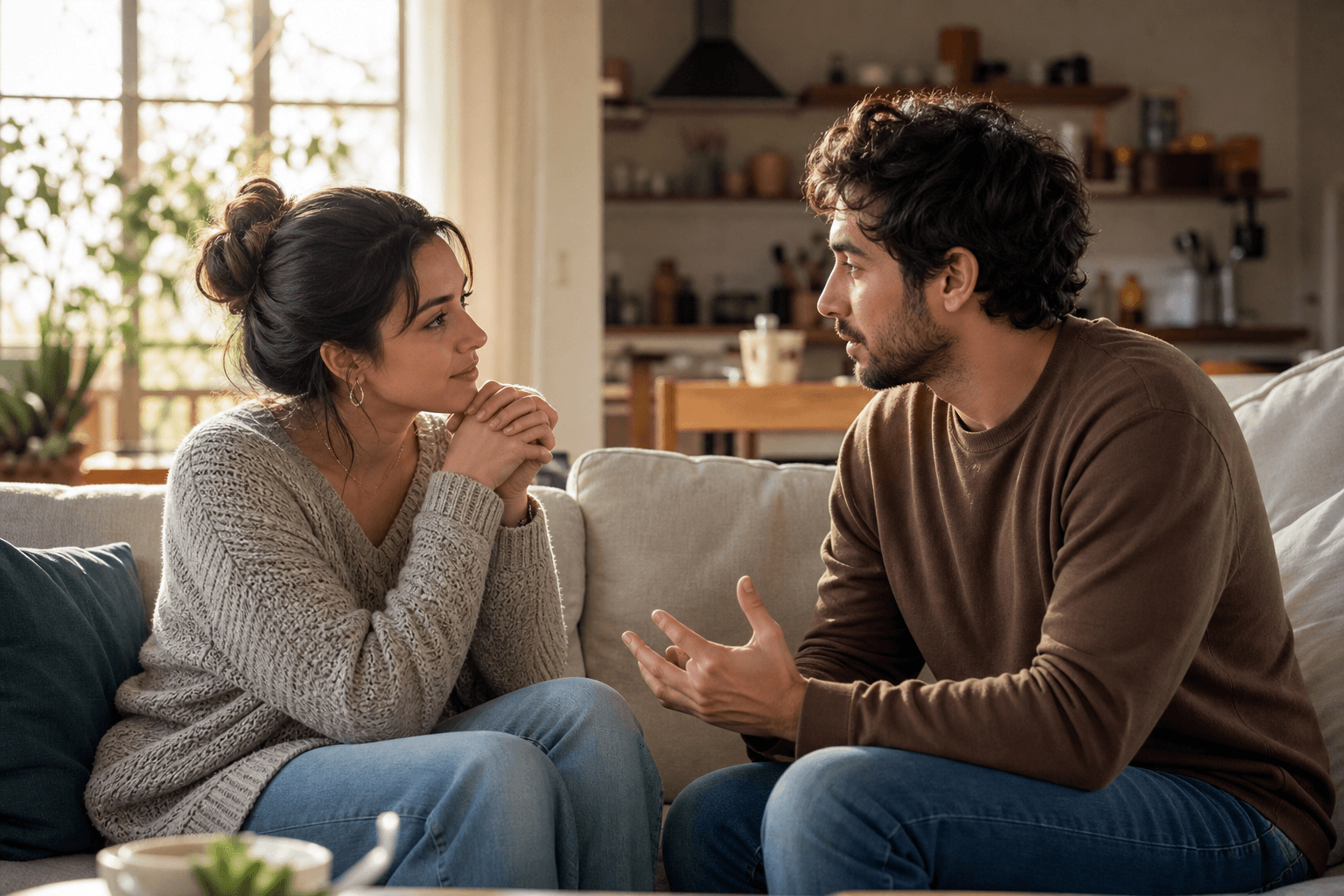 Couple having an attentive conversation together on the sofa