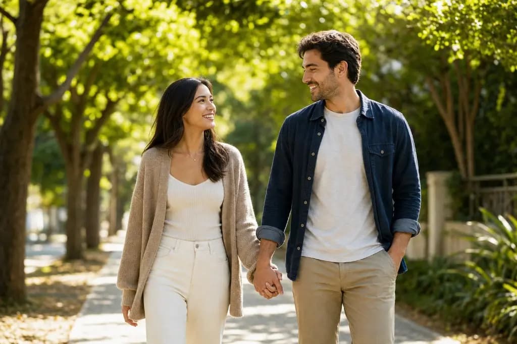 A couple holding hands while walking down a tree-lined street