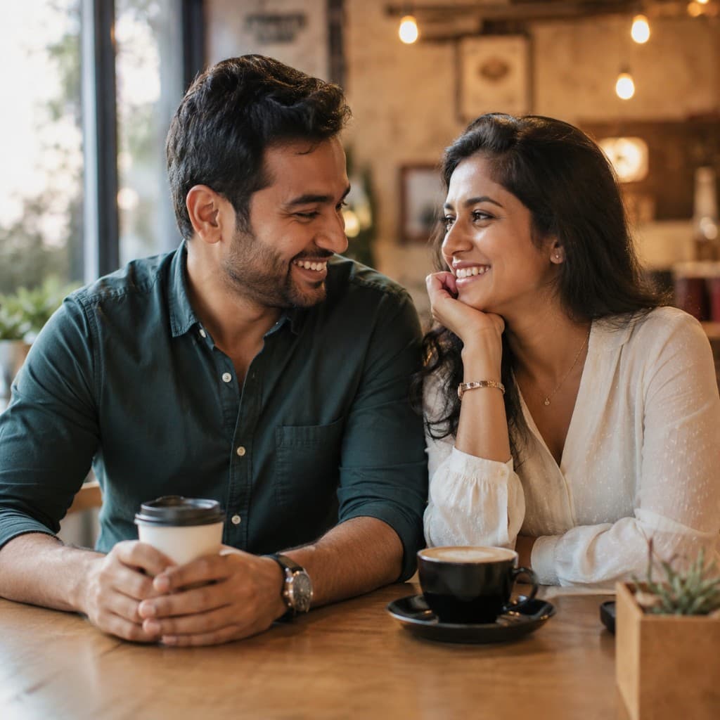 A South Asian couple sharing a warm conversation over coffee at a café