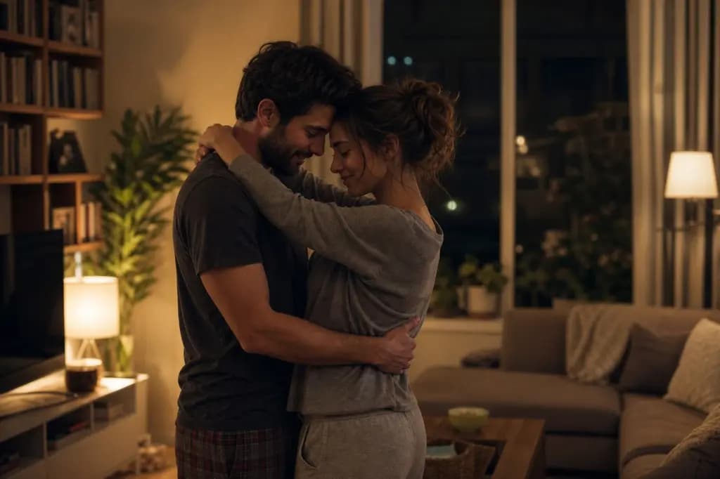 A couple embracing warmly in their softly lit living room