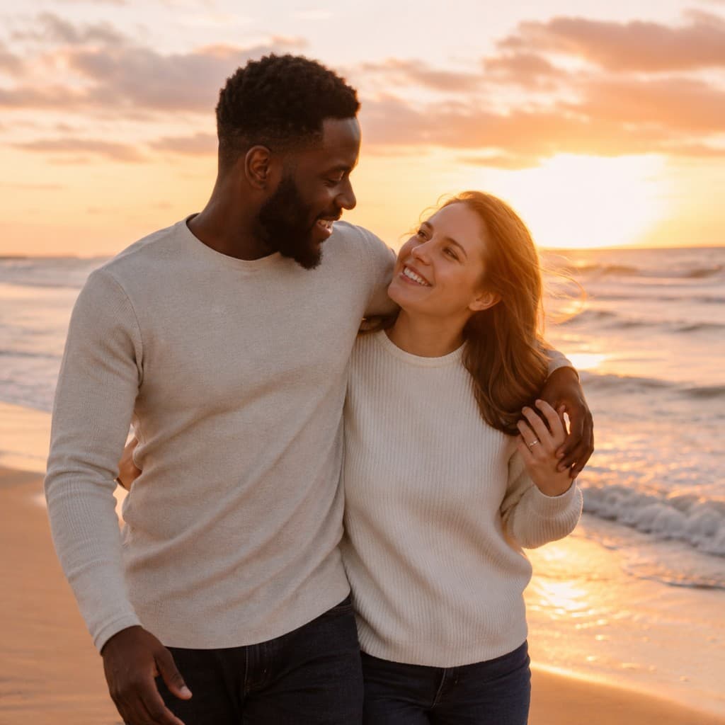 A diverse couple walking together on the beach at sunset, smiling affectionately