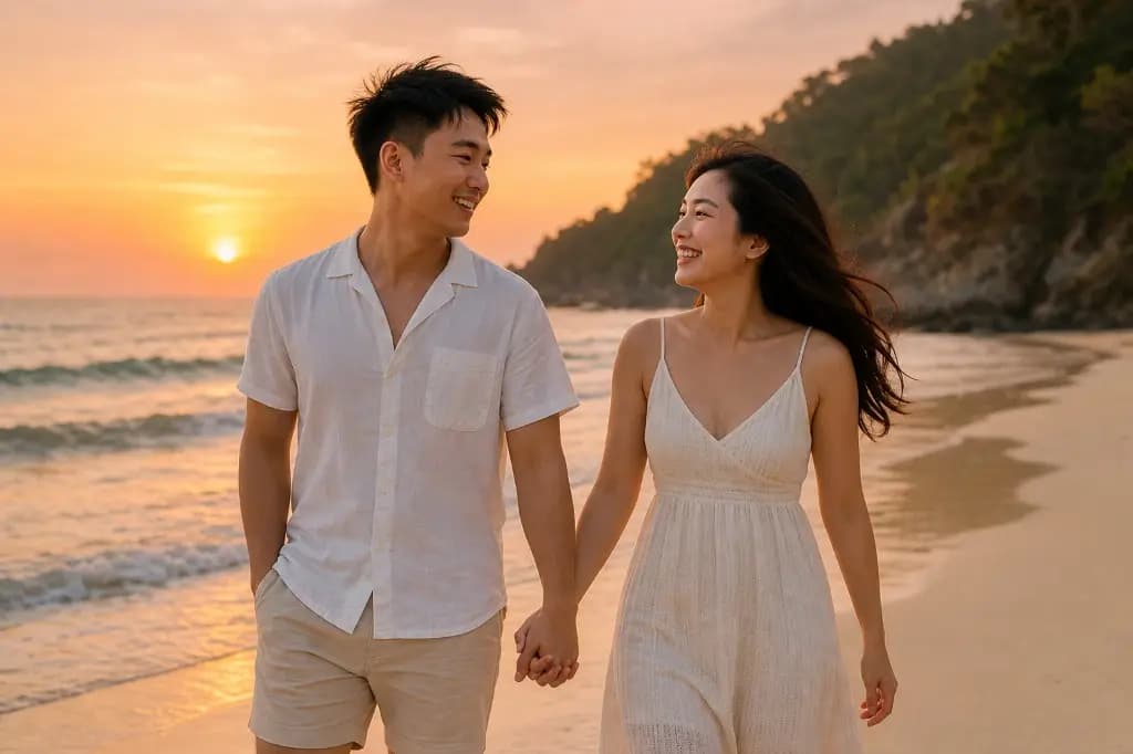 An East Asian couple walking hand in hand along the beach at sunset